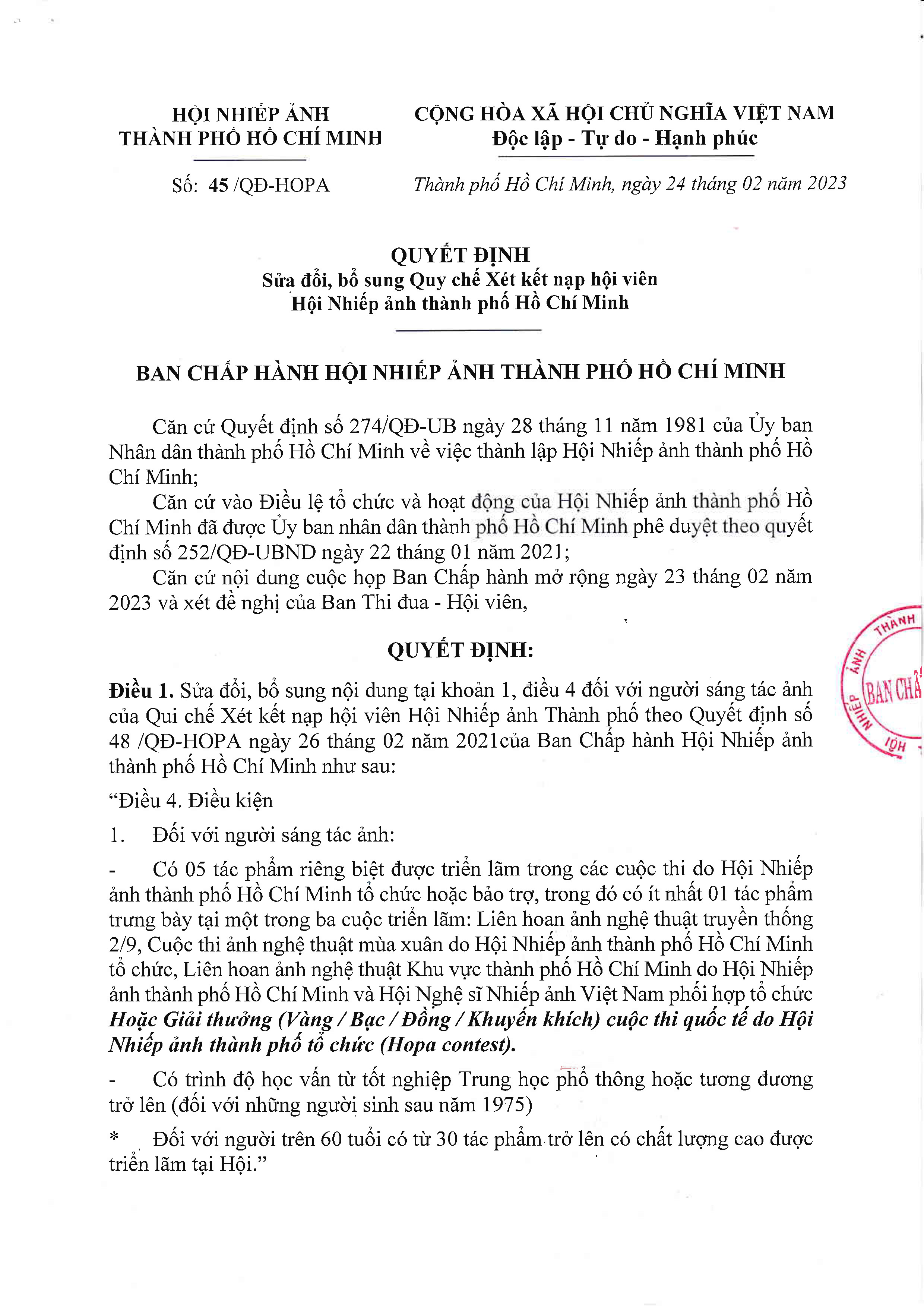 Bổ sung Quy chế xét kết nạp hội viên